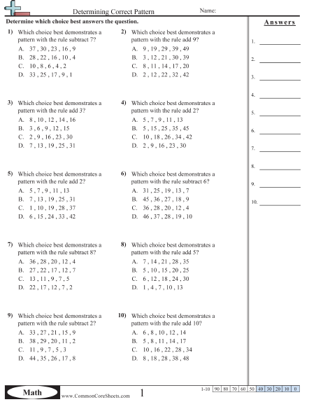 Determining Correct Pattern (+ , - ) Worksheet - Determining Correct Pattern  worksheet